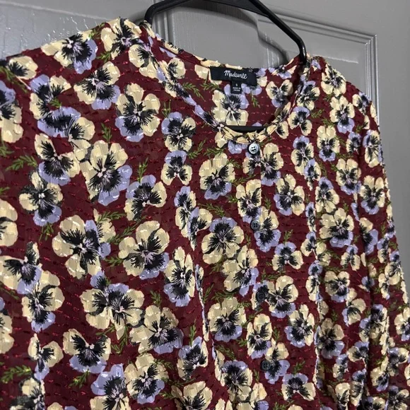 Madewell Drawstring Ruffle-Hem Top Viola Floral Pansy Print S - Picture 2 of 10